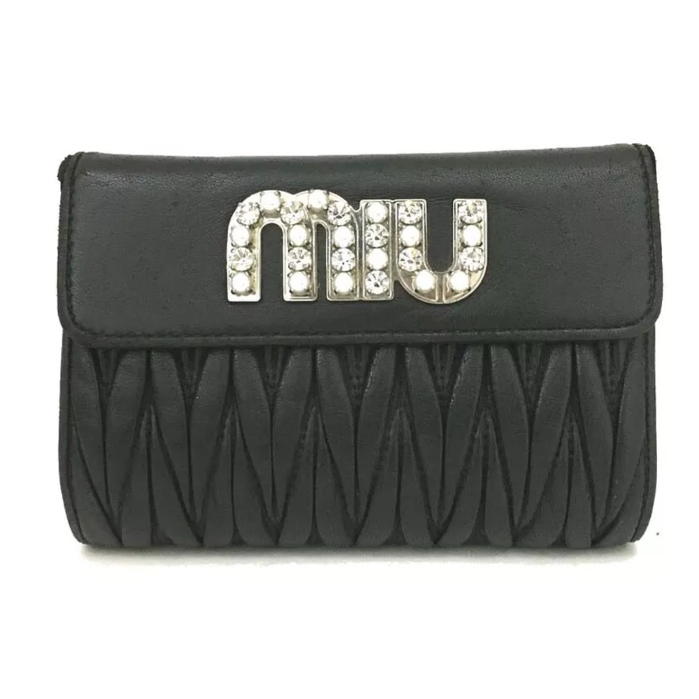 Authentic MIU MIU Matelasse Bijou Logo Gather Leather Trifold Wallet